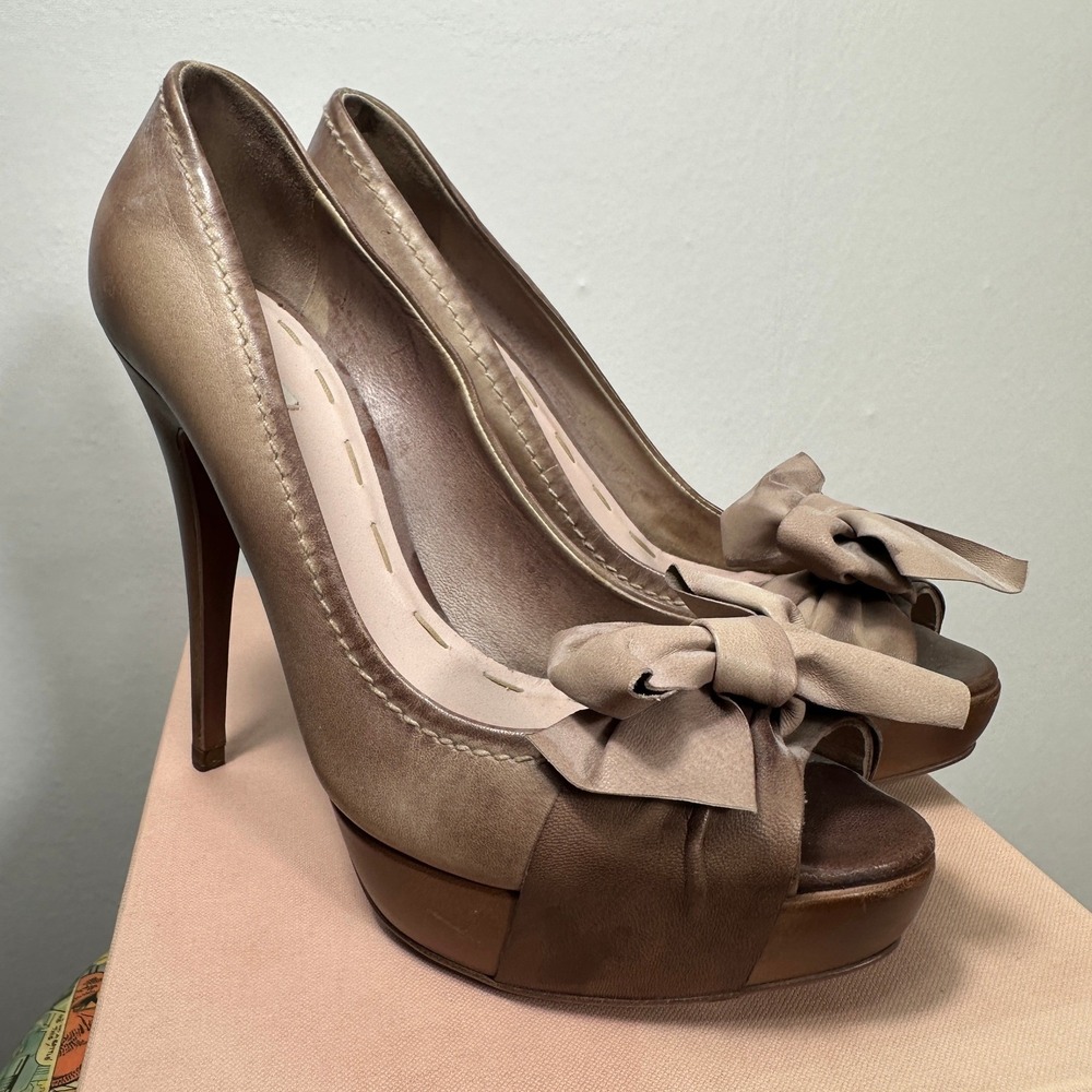 Miu Miu Dark Rose‎ Nappa Washed Bow Peep Toe Platform Heels Pumps Size 39 EU